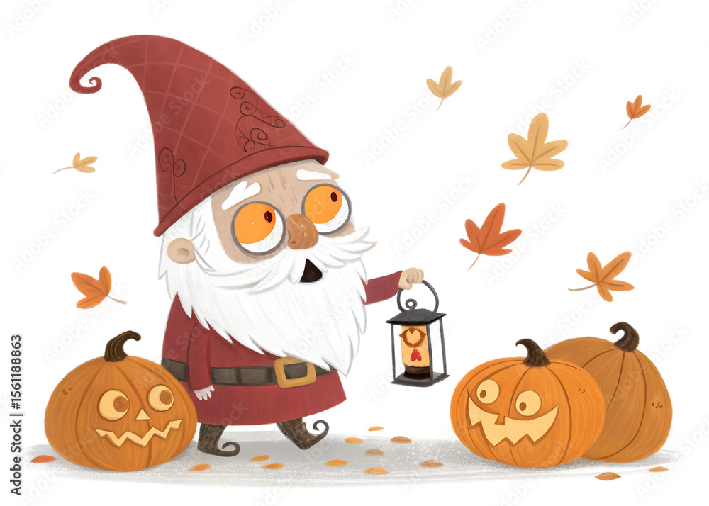 Naklejka premium Gnome with Lantern and Pumpkins - Whimsical Halloween Art