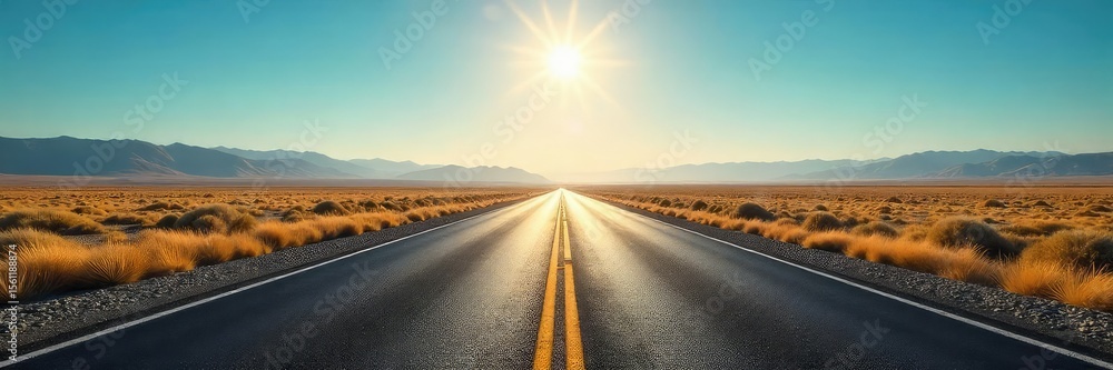 Fototapeta premium Endless asphalt ribbon stretches towards a hazy horizon, sun-drenched landscape unfolding under a vast, blue sky Perfect for travel, adventure, and freedom themes , road, space
