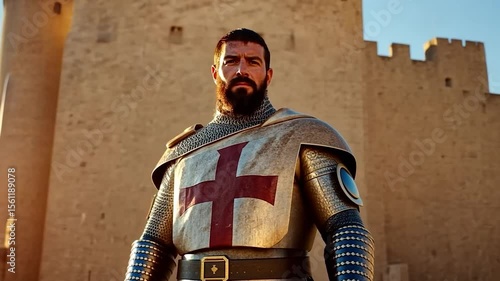 A medieval knight stands proudly in front of an ancient stone fortress with a sunlit sky background. The knight wears ornate armor and a crusader cross on his chest creating a historical vibe