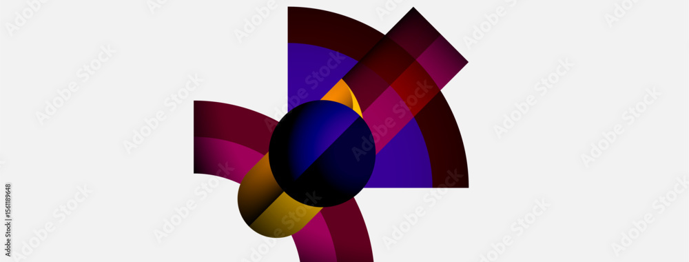 Abstract composition features colorful arcs, circle. Shapes overlap creating dynamic visual effect. Minimalist design, white background. Abstract composition features colorful arcs, circle. Shapes overlap creating dynamic visual effect. Minimalist design, white background.