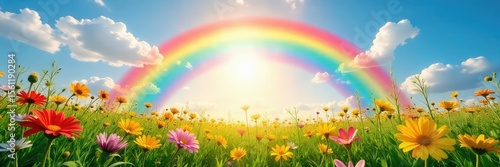 A vibrant rainbow arcing over a sun-drenched field of wildflowers, symbolizing universal joy and contentment Perfect for concepts of inclusivity, optimism, and well-being , euphoria, hope