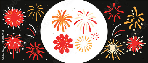 Vector art of red and orange fireworks bursting in a circle against a black background