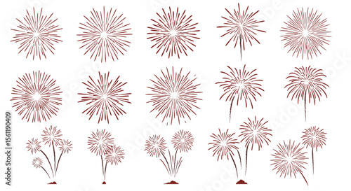 Vector art of a set of red fireworks bursts and sparklers isolated on white background