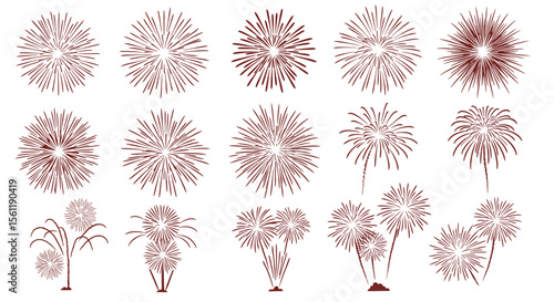Vector art of a collection of red and brown firework bursts, isolated on white background, ideal for celebrations and festive designs