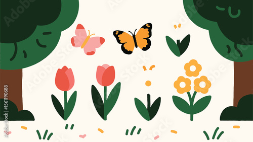Vector art of pink and orange butterflies flutter around colorful tulips and trees