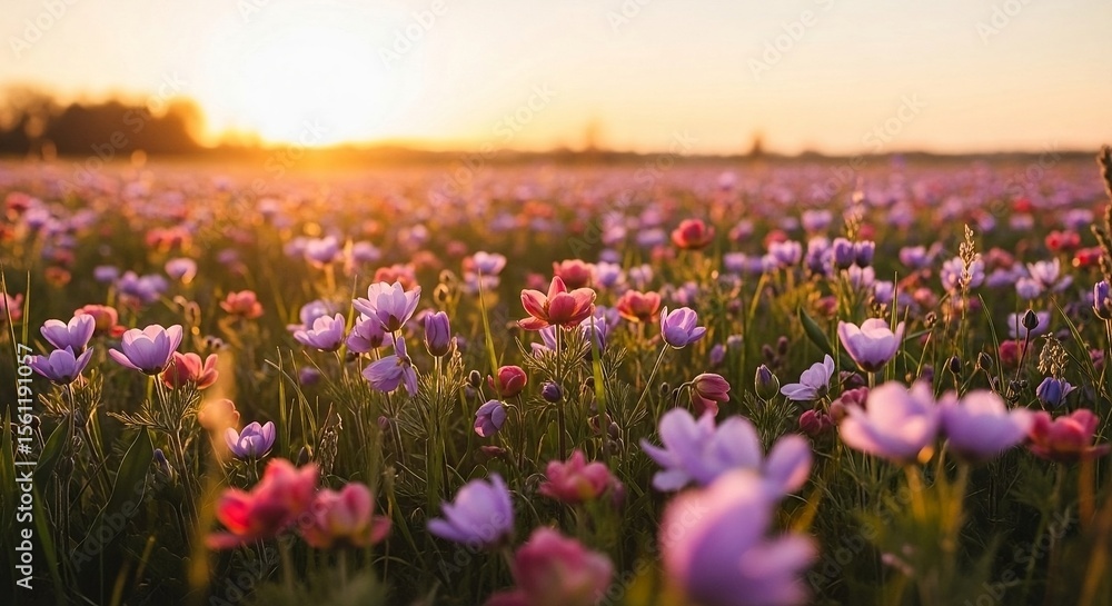 Fototapeta premium Golden Hour Flower Field - Sunset Meadow Landscape