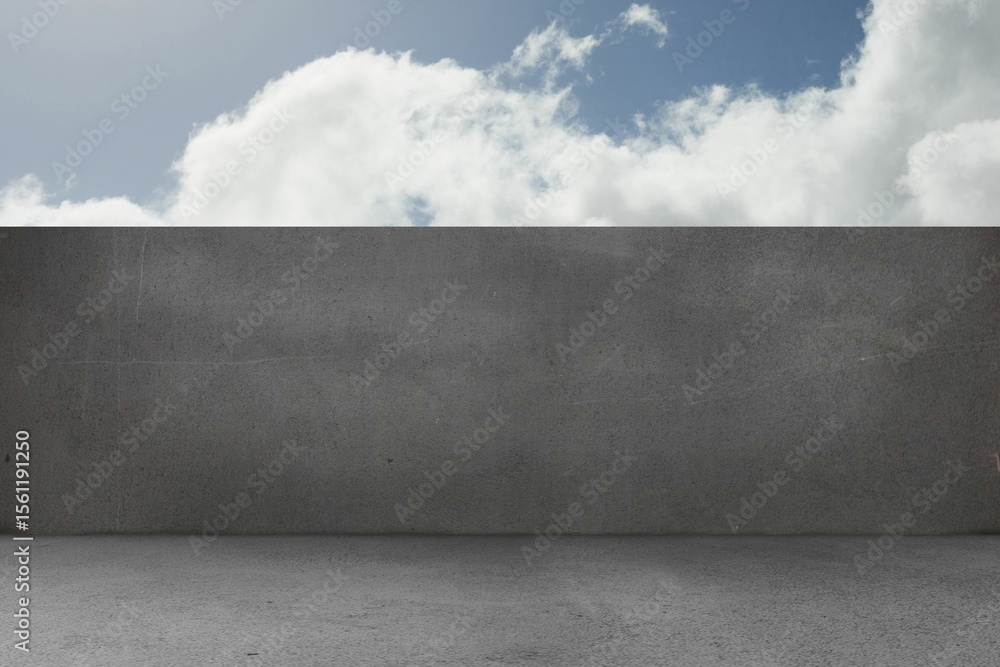 Fototapeta premium Flat design illustration is showing grey concrete plane meeting wall under blue sky, copy space