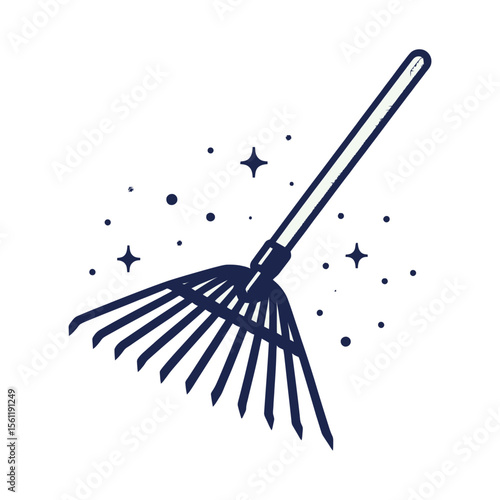 features a stylized rake with sparkling accents, ideal for websites or blogs about gardening, yard work, cleaning, or autumn tasks.