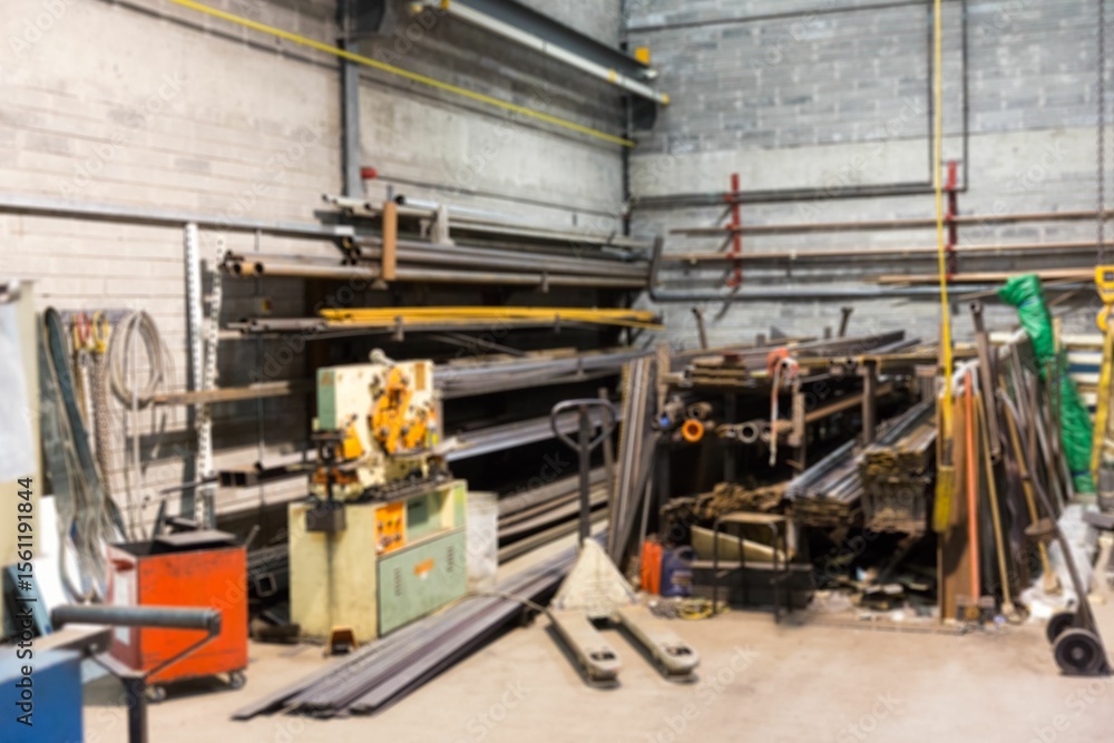 Fototapeta premium Flat design metal shop is showing horizontal rack holding steel bars with cutting machine