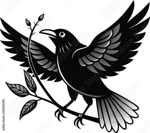  line drawing of a flying crow holding a twig bla.eps