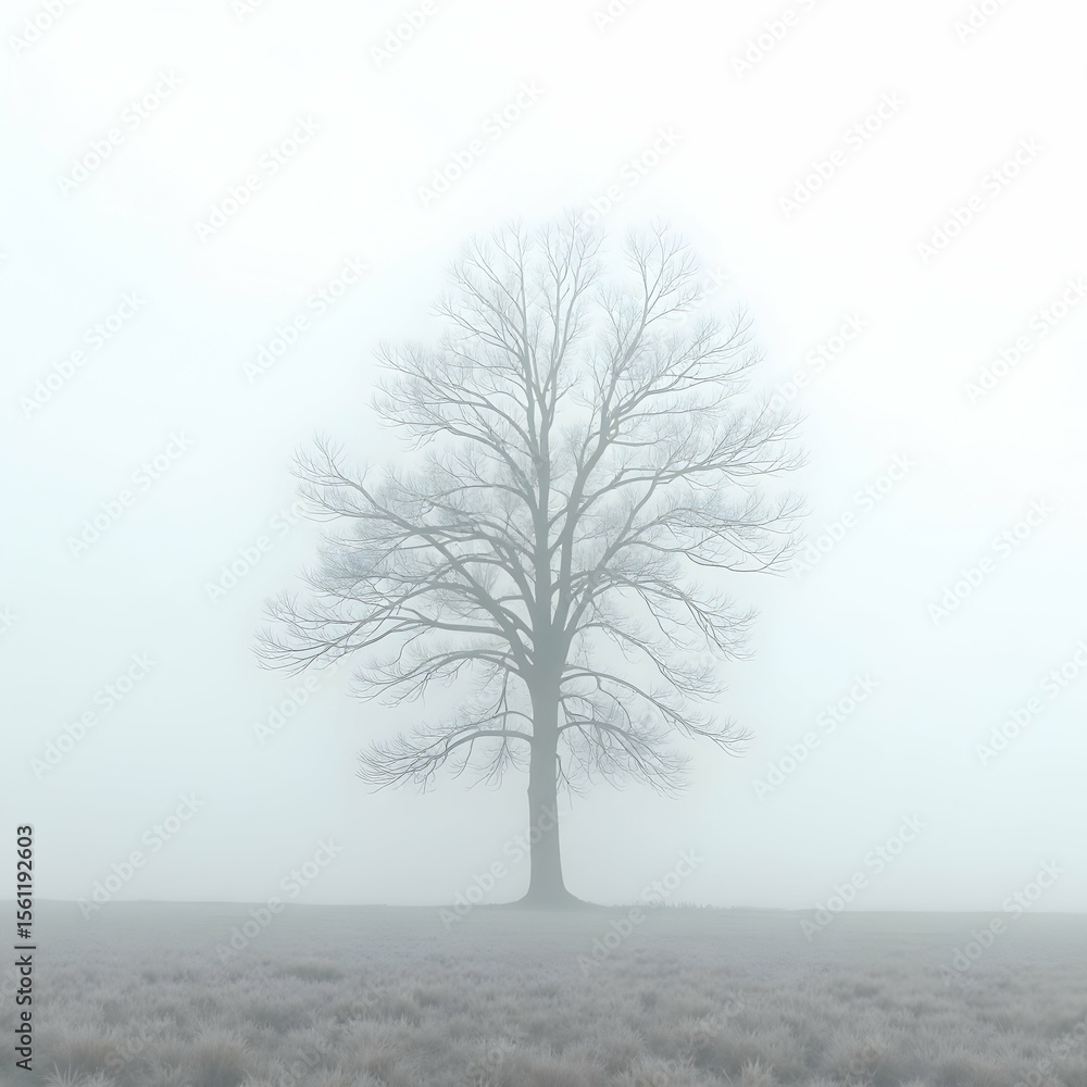 Lone Tree in Dense Fog on a Misty Day Lone Tree in Dense Fog on a Misty Day