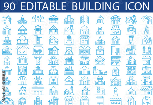  line art building editable stroke outline icon collection. architecture real estate, 90 building vectors for architects and designers
