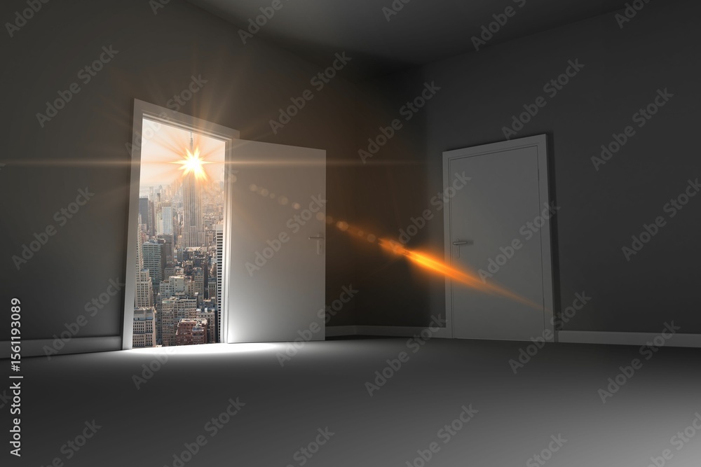 Naklejka premium Open door on hill with cityscape and orange sunlight