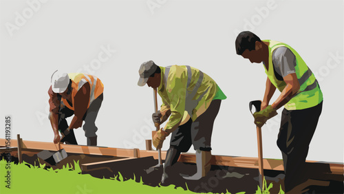 Three construction workers working on a site using tools and wearing safety vests on a sunny day outdoors