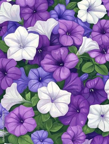 Vibrant display of petunias in full bloom garden scene floral artwork lush environment close-up view nature's beauty