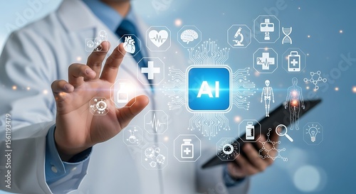 Doctor using advanced artificial intelligence technology for futuristic healthcare diagnostics and patient care management