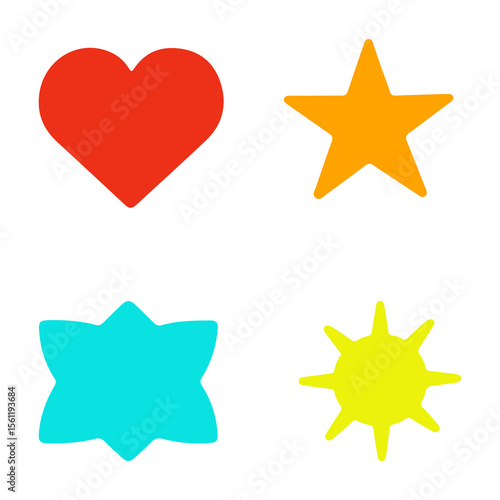 Four colorful abstract shapes including a red heart orange star blue flower and yellow sun
