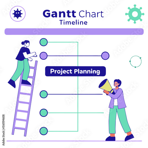 Illustration of a gantt chart with a woman pointing to it and a person on a ladder with a telescope