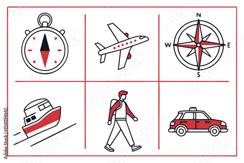 Travel icons show various modes of transportation isolated on white