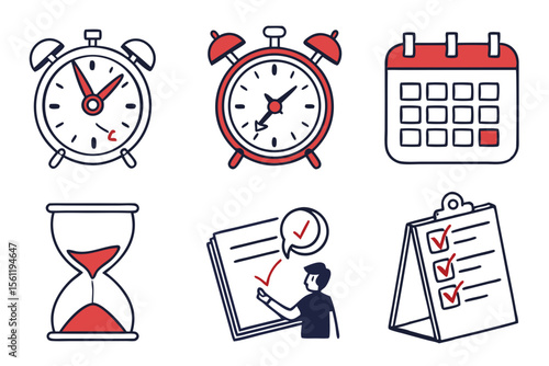 Time management icons show planning and organization isolated on white