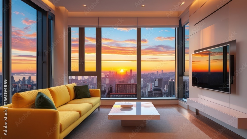 Naklejka premium Modern living room with panoramic city sunrise views.