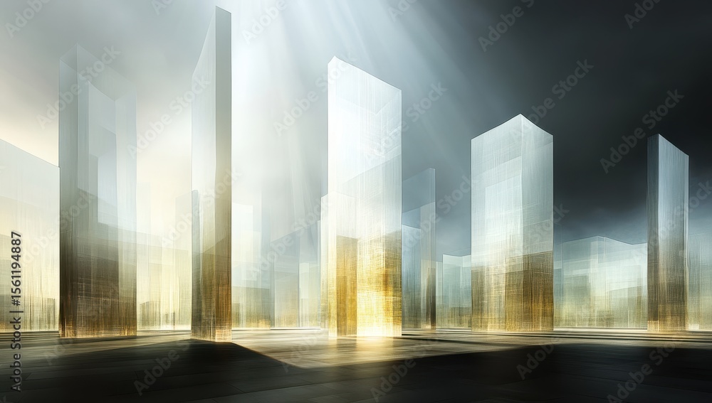 Obraz premium Cityscape of futuristic glass towers bathed in golden light.