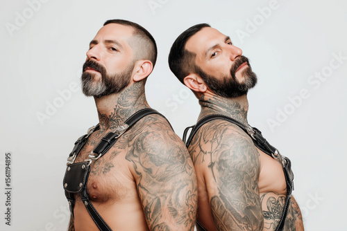 couple of gay adult men in leather harness on white background