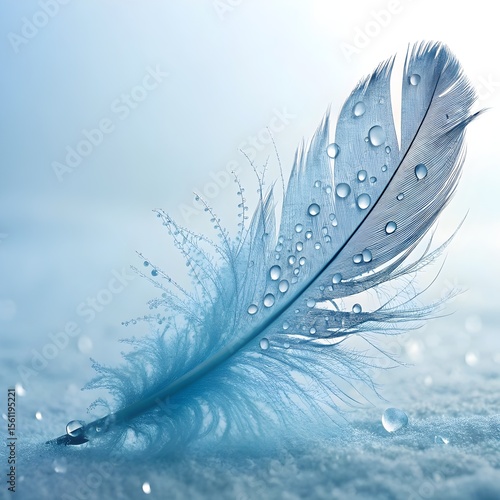 Blue Breath: Dew on a Feather, minimalist blue nature, feather with dew, soft natural blue, calming feather, visual, smooth, ethereal, display, majestic, fine, serene, lifestyles