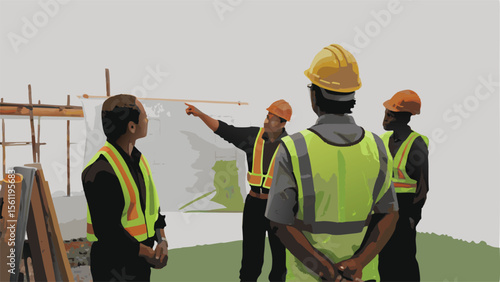 Group of construction workers wearing safety vests and hard hats discussing plans at a construction site