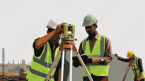 Surveyors operating theodolite on construction site with safety vests and hard hats measuring land area