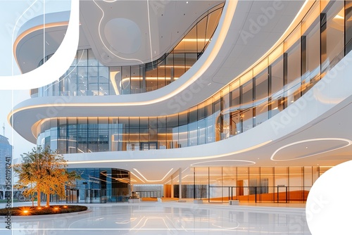 Modern architecture features a striking glass and white exterior, showcasing illuminated interior spaces during the day. The serene urban setting reflects sophistication and calmness.