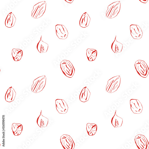 Seamless pattern with hand drawn nutmeg whole and cut spice sketch in red on white background for kitchen or food packaging design