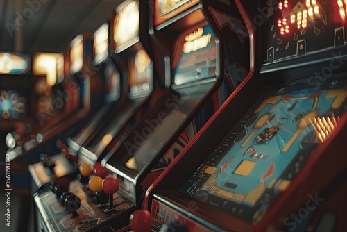 Multiple arcade game machines glow brightly in a nostalgic indoor arcade. Games in progress create a vibrant atmosphere, evoking memories of fun nights out.