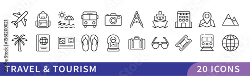 Travel and Tourism Icon Set, A collection of 20 icons representing travel and tourism, featuring landmarks, luggage, transportation, and vacation symbols.
