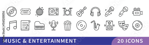 Music and Entertainment Icon Set, A collection of 20 icons representing music and entertainment, including instruments, microphones, records, and movie-related symbols.
