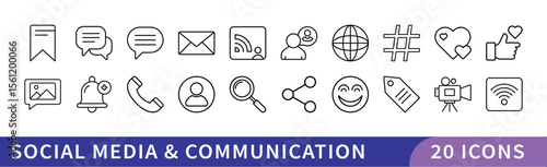 Set of 20 Social Media & Communication Icons, A collection of 20 icons representing social media and communication, featuring messaging, sharing, and online interaction tools for digital communication