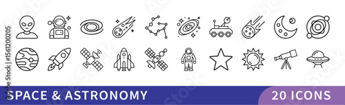 Set of 20 Space & Astronomy Icons, A collection of 20 icons representing space and astronomy, featuring celestial bodies, spacecraft, and astronomical symbols for cosmic and scientific designs.
