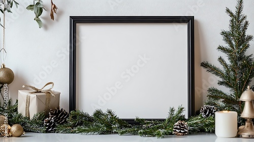 A black frame surrounded by christmas decorations with a gift and a christmas tree on a white surface