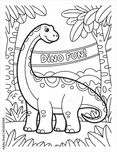 Dinosaur coloring page with trees and dino fun banner