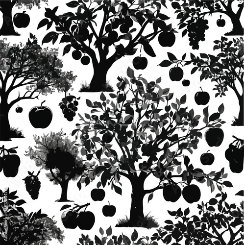  Fruit Trees and Apples Silhouettes Seamless Pattern