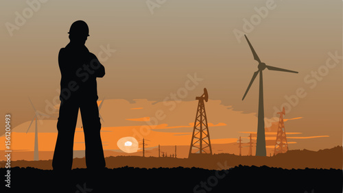 Silhouette of engineer with wind turbines and oil derricks at sunset creating a scenic energy landscape view