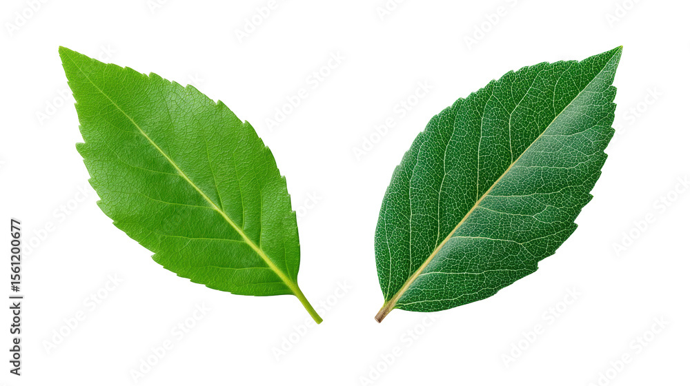 Obraz premium Two isolated green leaves on transparent background showing natural texture and veins