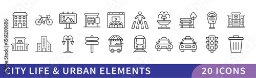 Set of 20 City Life & Urban Elements Icons, A collection of 20 icons representing city life and urban elements, featuring buildings, transportation, and public spaces for urban design and lifestyle pr