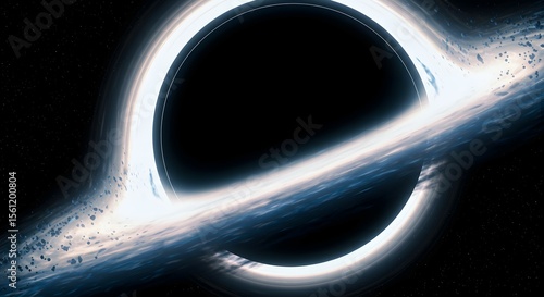 A cinematic digital illustration of a supermassive black hole, its luminous accretion disk bending light and spacetime due to immense gravitational pull.