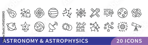 Set of 20 Astronomy & Astrophysics Icons, A collection of 20 icons representing astronomy and astrophysics, featuring celestial bodies, space exploration, and scientific symbols for cosmic and astrono