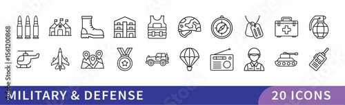 Set of 20 Military & Defense Icons, A collection of 20 icons representing military and defense, featuring weapons, vehicles, and tactical symbols for defense, security, and military-related designs.
