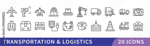 Set of 20 Transportation & Logistics Icons, A collection of 20 icons representing transportation and logistics, featuring vehicles, shipping, and cargo symbols for logistics and supply chain projects.