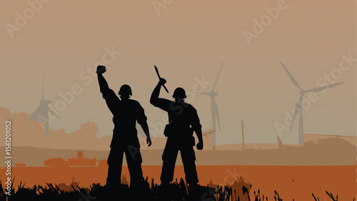 Silhouette of two soldiers raising arms in victory with windmills in the background at sunset scene of war