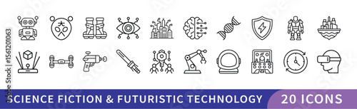 Set of 20 Science Fiction & Futuristic Technology Icons, A collection of 20 icons representing science fiction and futuristic technology, featuring robots, space exploration, and advanced technology s