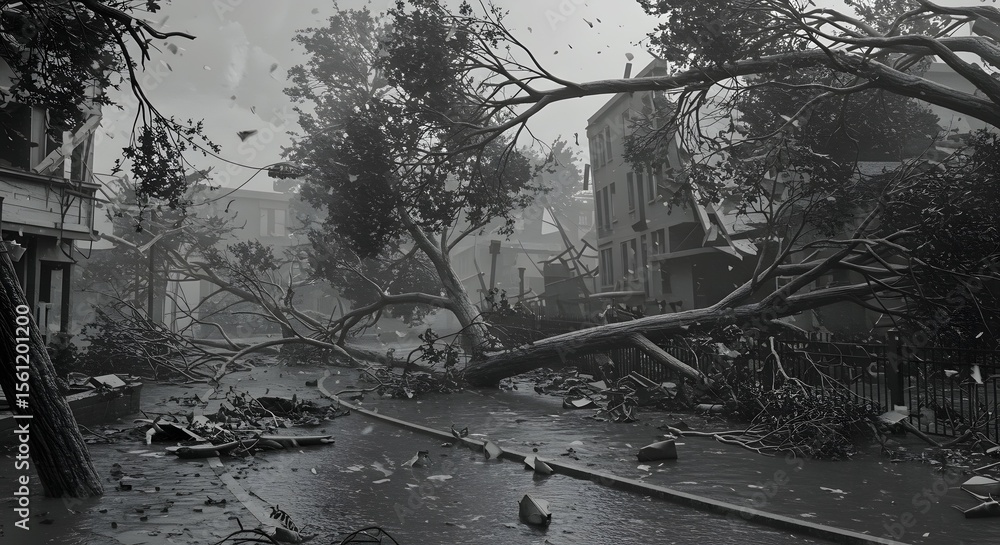 Fototapeta premium Dramatic black and white portrayal of a city street in complete disarray after a devastating hurricane, showcasing fallen trees and widespread ruin.